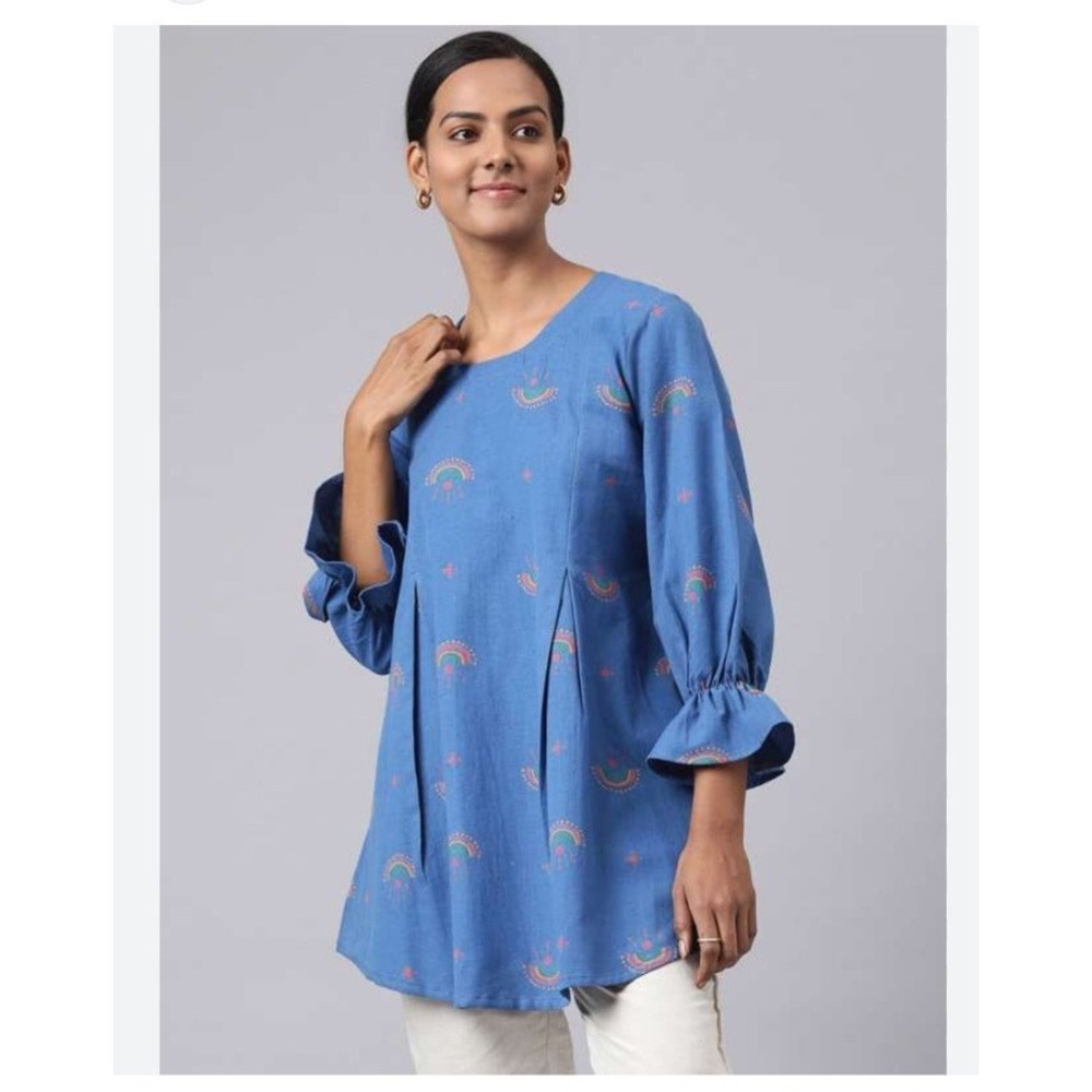 FabIndia Women's XS Tunic Top‎ Linen Blend Blue Rainbow Pattern Blouse EUC